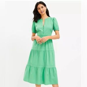 LOFT Green Puff Sleeve Tiered Midi Dress Size 14 Boho Peasant Flowy